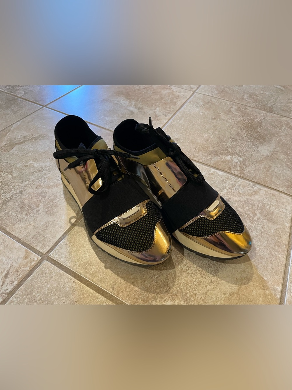 Balenciaga Gold Patent Leather, Mesh and Neoprene Race Runner Sneakers